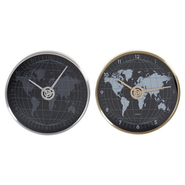 Wall Clock DKD Home Decor Black Golden Silver Aluminium Crystal World Map 30 x 4,3 x 30 cm (2 Units) Online