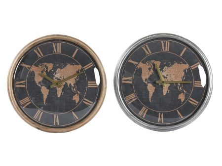 Wall Clock DKD Home Decor 46 x 6,5 x 46 cm Crystal Silver Black Golden Brown Iron World Map (2 Units) Online Hot Sale