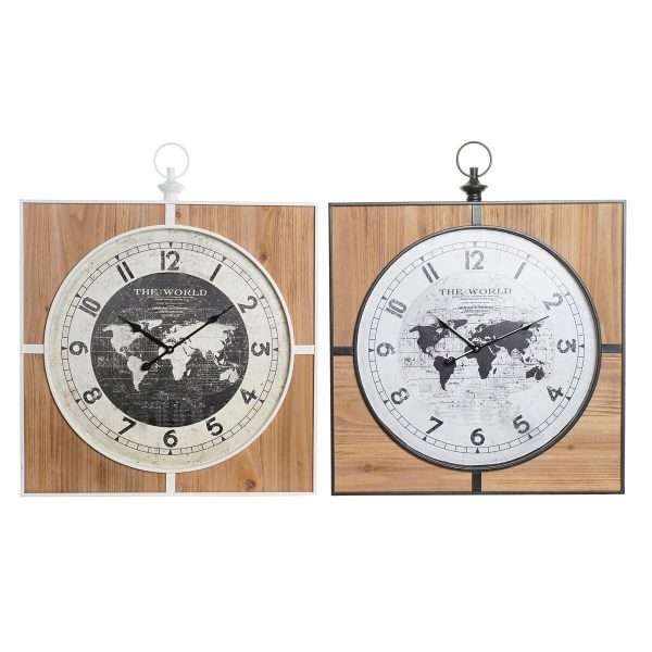 Wall Clock DKD Home Decor Black White Iron Vintage 60 x 4,5 x 60 cm MDF Wood World Map (2 Units) Online now